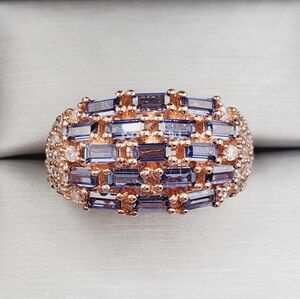 Baguette Tanzanite & Diamond Simulants Rose Gold 925 Sterling Silver Ring